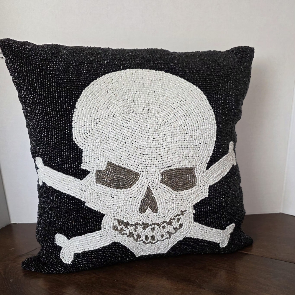 Skull & Cross Bones Beaded Toss-Throw Pillow- Cushin 13 X 13 Halloween Goth